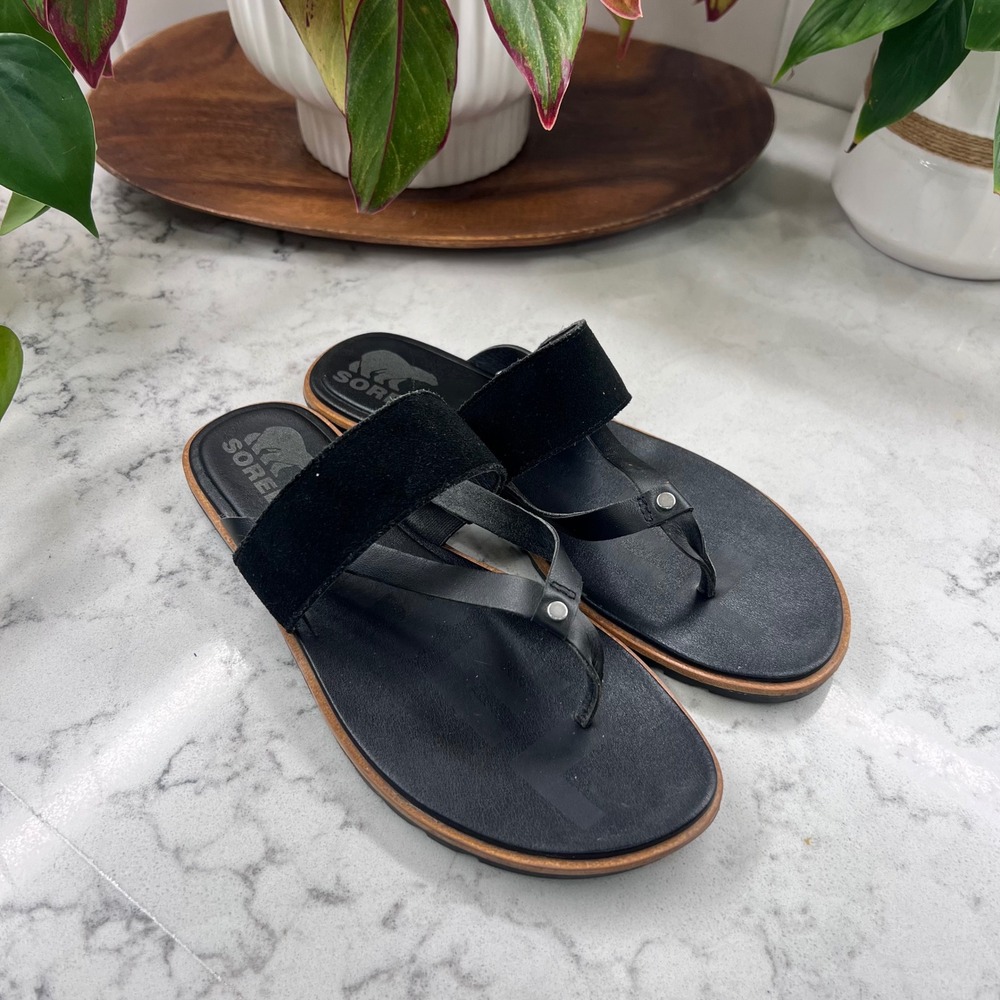Sorel Ella II Sandal Black Leather Suede Thong Flat Sandals Womens 9.5